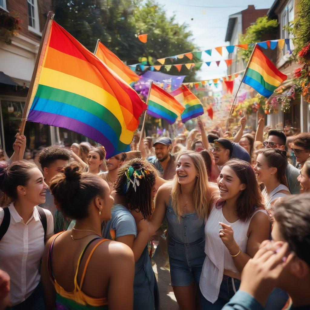 A colorful outdoor LGBTQIA+ gathering featuring diverse individuals from various backgrounds celebrating together, with rainbow flags waving, smiles on their faces, and decorations made of flowers and banners emphasizing love and unity. The scene should capture the essence of joy, inclusivity, and community spirit, with vibrant colors and an uplifting atmosphere. digital illustration. vibrant colors. 3D.