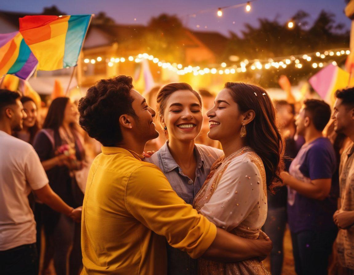 A vibrant community gathering celebrating diversity, showcasing people of various genders and ethnicities joyously participating in colorful festivities. Decorations of rainbow flags and festive lights adorn the backdrop, with smiles, laughter, and traditional foods shared among everyone. In the foreground, individuals are embracing, symbolizing love and acceptance, while confetti fills the air. A warm sunset casts a golden glow over the scene, enhancing the atmosphere of togetherness. super-realistic. vibrant colors. joyful atmosphere.