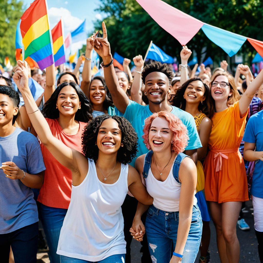 A vibrant celebration scene showcasing diverse transgender individuals of different ages and ethnicities joyfully participating in a lively outdoor festival. Colorful flags and decorations fill the background, with laughter, dancing, and signs of love and inclusion. The setting is bright and cheerful, conveying a sense of unity and happiness. Illustration captures the essence of celebration and community spirit. super-realistic. vibrant colors. sunny background.